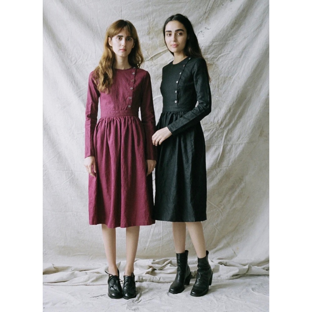 Ovate Black Linen Midi Skirt High Waisted A-Line Gathered Size S